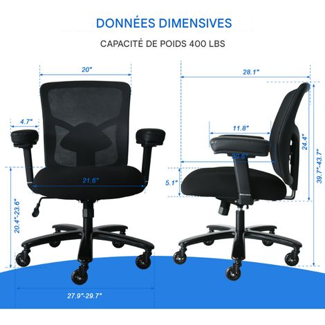 Großer Bürostuhl, Belastbarkeit 227 kg – Ergonomischer Netz-Bürostuhl, robuster Computerstuhl – breites Sitzkissen, verstellbare Lendenwirbelstütze, Metallfußkreuz, Gummirollen, 4D-Armlehnen