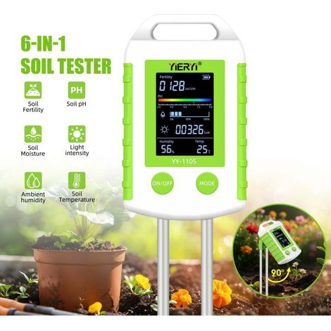 Testeur Sol 6-en-1 Multifonction – Mesure pH, Humidité, Température, Lumière et Fertilité, Double Sonde, Écran LCD pour Jardin (1/5)