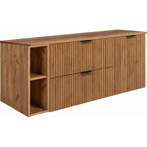 Set di mobili da bagno, 2 cassetti, 1 anta, chiusura ammortizzata, cesto portabiancheria, Rovere Craft, maniglie nere, 140 x 46 x 57 cm (1/5)