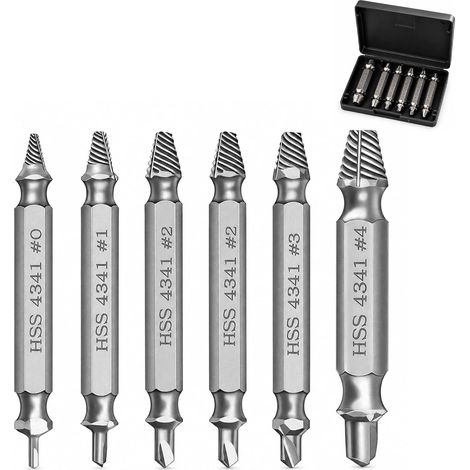 Lot de 6 extracteurs de vis cassées HSS 4341 avec forets hélicoïdaux, kit extracteur de vis endommagées, outil extraction vis métal bois, compatible perceuse et vis bloquées (1/5)