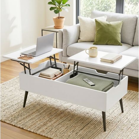 Table basse relevable 100x50x58 cm en bois blanc, avec rangement pour salon FloraGrace (1/5)