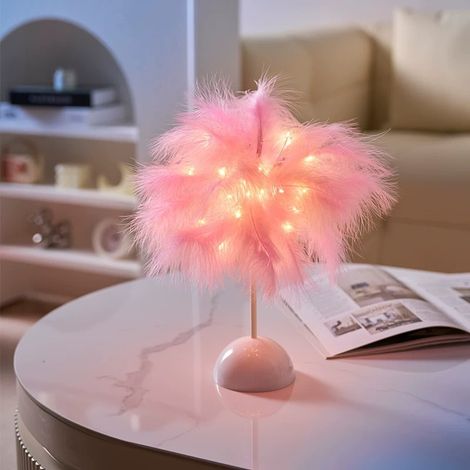 Lampe de bureau décorative à plumes LED - Lampe de chambre romantique chaude alimentée par piles, parfaite comme lampe féerique, cadeau, rose (1/5)