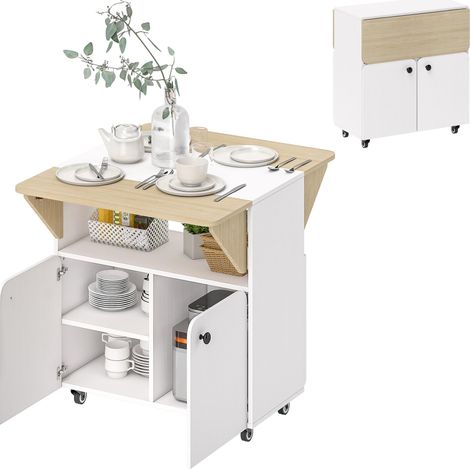 Table/meuble pliant avec deux côtés de table rabattables, compartiment de rangement, 4 roulettes, blanc et bois naturel, 70 x 83 x 75 cm