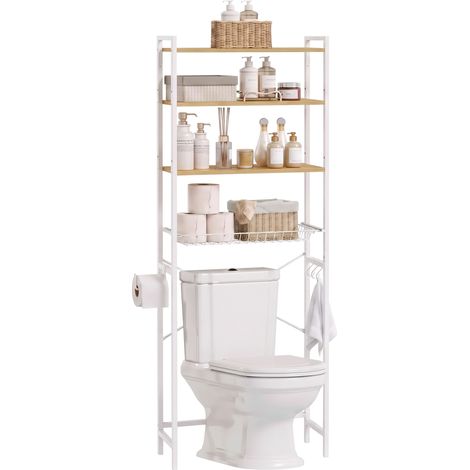 HOMCOM mueble sobre inodoro de 3 niveles, estantería de baño encima del WC con portarr, estantes ajustables, cesta extraíble y ganchos, roble (1/5)