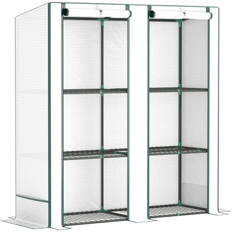 Serra da giardino con tetto spiovente, doppia porta e ripiani, in acciaio bianco 144 x 48 x 152 cm (1/4)