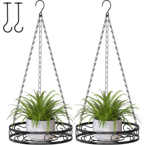 Lot de 2 jardinières suspendues en métal, noires, pots de fleurs avec chaînes et crochets de plafond, usage intérieur et extérieur (1/5)