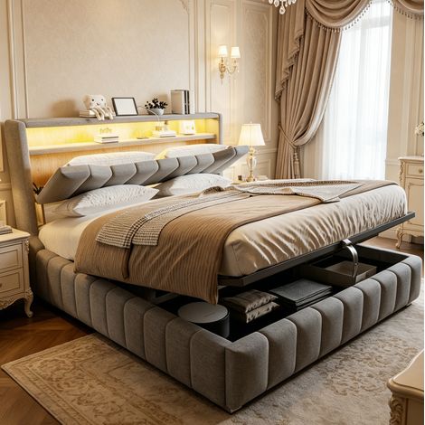 Cama tapizada 180/200 cm gris con arcón hidráulico, LED y puertos USB/USB-C (1/5)