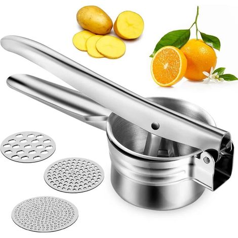 royaluxe - Presse Purée Manuel à Pommes de Terre, Presse-purée,Presse Purée Manuel pour Fruits,Presse-purée à Pommes de Terre en Acier Inoxydable,Écrase Purée en Acier Inoxydable,3disques interchangea