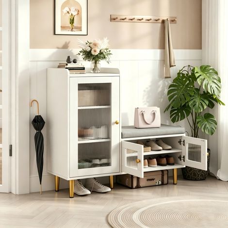 Meuble à chaussures 100x35x82.5 cm,Armoire à Chaussures avec 3 portes,Banc à chaussures rembourré,shoe rack avec coffre ,armoire a chaussures avec Étagères,pour Couloir et entrée, Blanc (1/5)