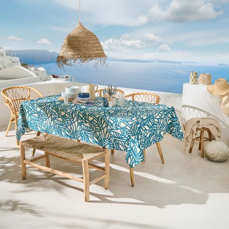 Nappe rectangulaire coton enduit feuillage abstrait Bleu 160x300 cm