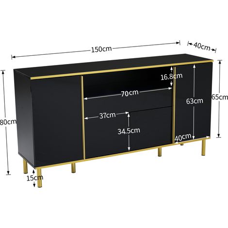 Buffet laqué noir brillant, commode avec 1 tiroir, meuble de rangement pour chambre, élégant et moderne – L150/P40/H80 cm (1/5)