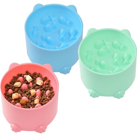 Gamelle Anti-glouton - Surélevée 8,5 cm - Pour Chat et Petit Chien - 3 Pièces (Bleu Rose Vert) - Dimensions 12,5 x 8,5 cm (1/5)
