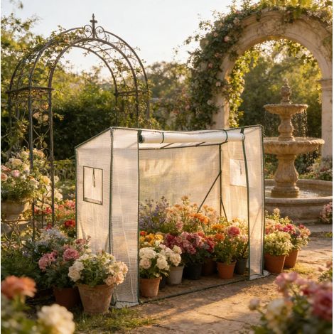 Serre de jardin 200x77x169 cm blanche en PE et acier avec étagères et housse semi-transparente (1/5)