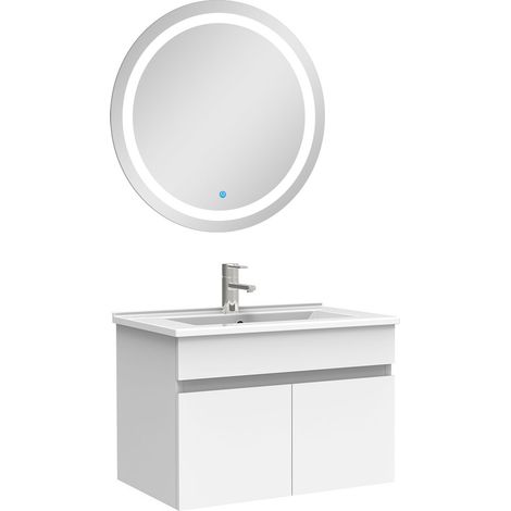 Ensemble meubles Salle de Bain simple vasque 60cm + rond miroir lumineux Blanc (1/4)