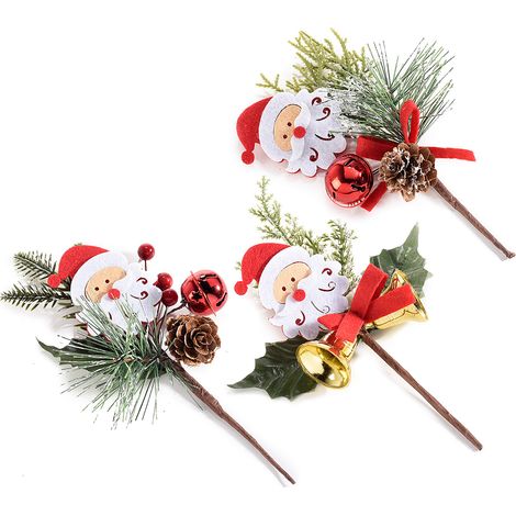 Mazzolini natalizi pick con aghi di pino, agrifoglio, campanella, decorazione a Babbo Natale in panno, set da 30 pezzi, cm 13 H (con gambo 22,5)
