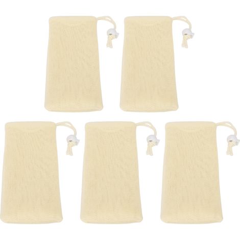 Lot de 5 pochettes à savon en filet souple multicouches avec cordon de serrage, couleur beige. (1/5)