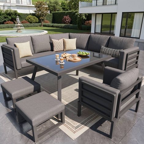 Salon de jardin 8 places en fer forgé gris avec canapé demi-lune, table en verre et pouf (1/4)
