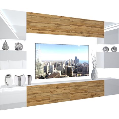 BELINI - Unité Murale TV NEX I Ensemble Muebles de Salon Complet I Ensemble Meuble TV avec Illumination LED I Dimensions: 300 x 180 x 36 cm I Coleur: Blanc très Brillant/chêne wotan 2