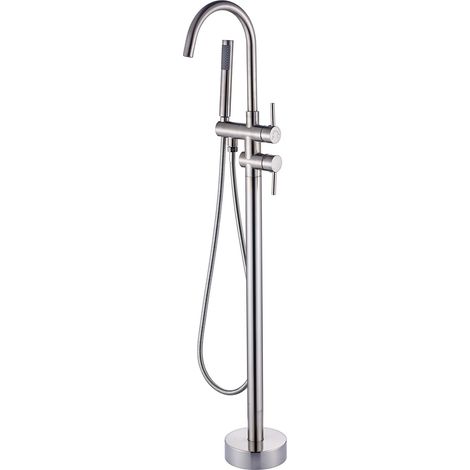 Saniverre – Robinet mitigeur sur pied chrome brossé – 2 cartouches indépendantes – Hauteur 112 cm – Flexible de douche 143 cm
