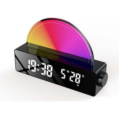 Sonnenaufgangssimulation, Wecklicht, Schlummerfunktion/6 Alarme/10 Schlafgeräusche/Timer/Temperaturanzeige, Ambientebeleuchtung mit 7 wechselnden Farben, Ladeanschluss – Crezuo
