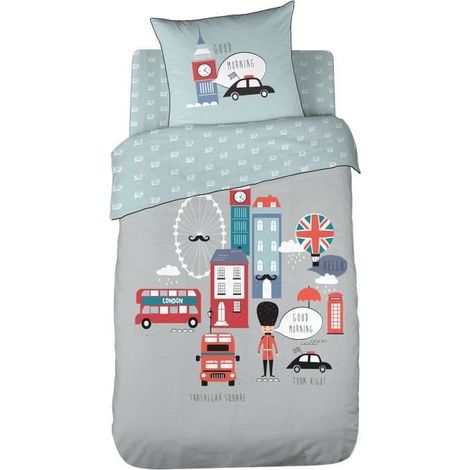 COTE DECO KIDS Parure de lit enfant British Morning - 100% coton - housse de couette 140x200 cm + 1 taie d'oreiller 63x63 cm