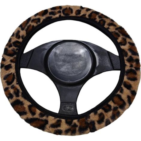 Women's steering wheel cover with leopard print, universal, non-slip, warm for winter, plush steering wheel cover, brown, suitable for steering wheels with a 14-15 inch diameter (1/5)