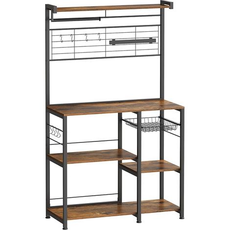Vasagle – Étagère de cuisine marron rustique – Meuble de rangement avec support magnétique pour couteaux – Panier métallique et 12 crochets – Dimensions 42x90x167,3 cm