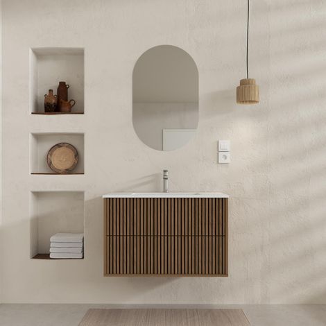 Mobile Bagno 60 - 2 Cassetti - Rovere e Nero Scanalato - Lavabo Bianco - Specchio Ovale 50x80