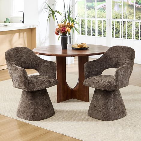Wahson Set of 2 Retro Swivel Dining Chairs with Soft Chenille Upholstery, Wraparound Backrest and Stable Pedestal Base, Brown
