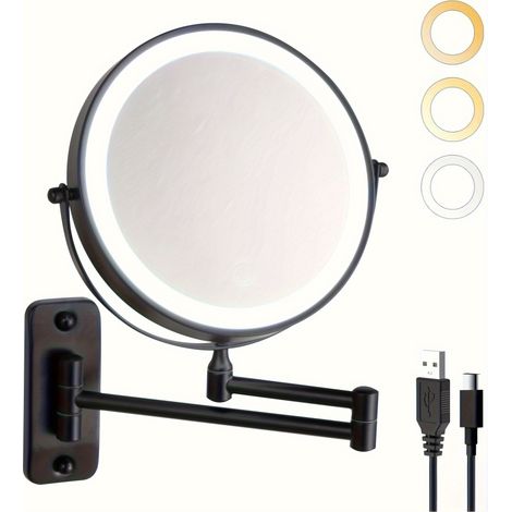 Miroir de maquillage pliable double face, éclairé, noir, miroir mural de salle de bain, grossissant de la chambre et du salon, adapté au lavabo (1/5)