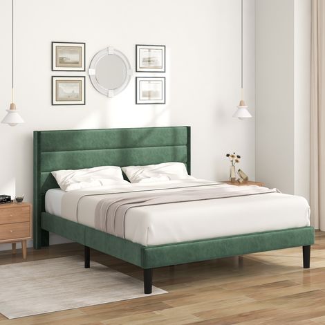 Lit rembourré 140 x 200 cm, cadre de lit avec sommier à lattes & tête de lit, lit double rembourré, housse textile en velours vert foncé, design moderne intemporel, lit pour adolescents