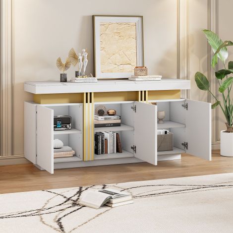 Buffet vitrine moderne blanc 140 x 38 x 70 cm, 3 portes sans poignées, compartiments réglables, idéal pour cuisine, salon, salle à manger et entrée – finition platine (1/5)