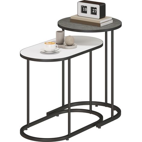 HOMCOM Set 2 Tavolini Impilabili da Salotto Telaio in Metallo Grigio e Bianco
