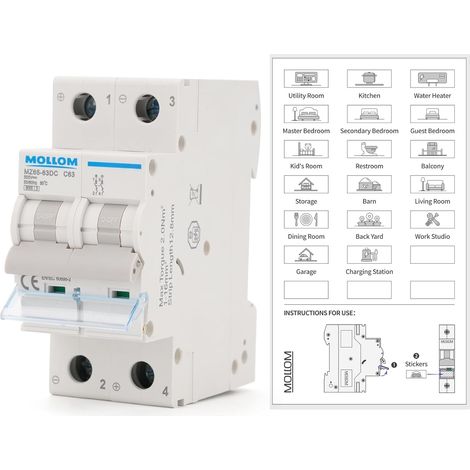 Miniature Circuit Breaker DC 2P,500V 63A,C63,Thermomagnetic Trigger,6KA Cut-Off Capacity.For PV Solar Systems,Home Use and RV Disjoncteur miniature sur mesure,déclenchement thermomagnétique,6 kA, sec (1/5)