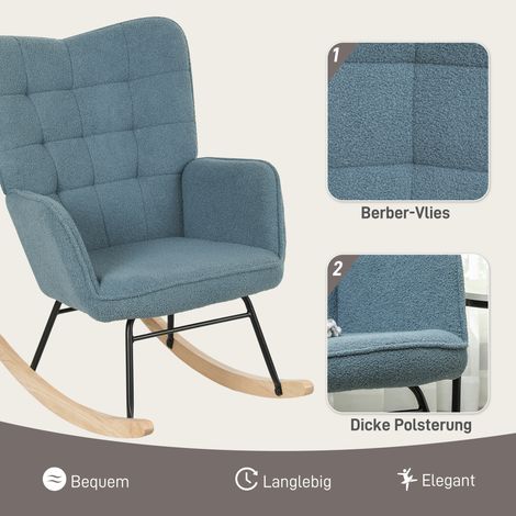 Fauteuil à bascule en tissu effet Berbère, avec accoudoirs, assise rembourrée et patins en bois, chaise relax pour salon ou chambre, charge max 120 kg, bleu clair (1/5)