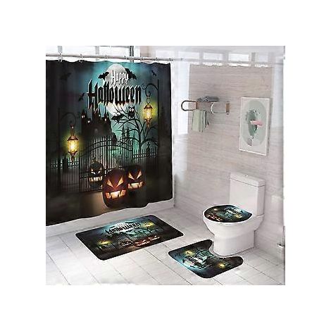 Halloween-Duschvorhang-Set mit Kürbisschloss, generisches Halloween-Badezimmerdekor-Set 180 cm x 180 cm – Duschvorhang mit Matte, WC-Deckelbezug, Badewanne