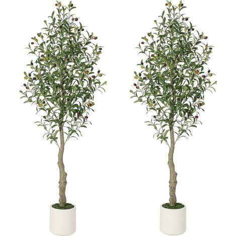 Lot de 2 oliviers artificiels de 180 cm avec pot blanc pour plantes artificielles grandes, maison, salon, chambre à coucher, bureau - Décoration moderne - Cadeau de pendaison de crémaillère