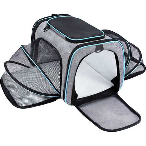 Transporteur de voyage pliable et extensible pour animaux de compagnie, maille respirante, grand espace, chat pour l'extérieur, bord gris et bleu (1/5)