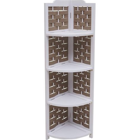 Estantería esquinera HHG-655, soporte de estantería, plegable 4 estantes, madera de paulownia 110cm, blanco, mimbre marrón (1/5)