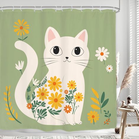 Rideau De Douche Chat Boho - 100% Polyester Imperméable - 72 x 72 Pouces - 12 Oeillets Métalliques - Design Floral Animalier - Pour Salle De Bain Enfants Et Adultes (1/4)