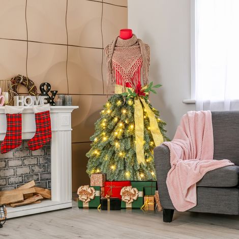 Sapin de Noël Artificiel Pré-éclairé de 150 cm en Forme de Jupe de Mannequin 248 Pointes de Branches 100 LED Blanc Chaud Baies Rouges (1/3)