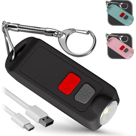 Alarme personnelle - USB rechargeable imperméable sécurité sirène porte-clés 130dB sécurité sifflet de panique avec lumière LED-Notification de faible batterie-alerte sonore d'autodéfense, noir (1/5)