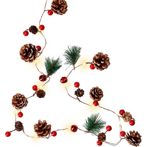goobay Guirlande Lumineuse 'Pommes de Pin & Baies Rouges' 20 LED - avec fonction minuterie, blanc chaud (3000 K), fonctionne sur piles (60274)