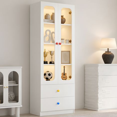 DESMIU Vitrine en Verre avec 2 Tiroirs, Étagères et Éclairage LED Piloté par Application pour Salon, Blanche (1/4)