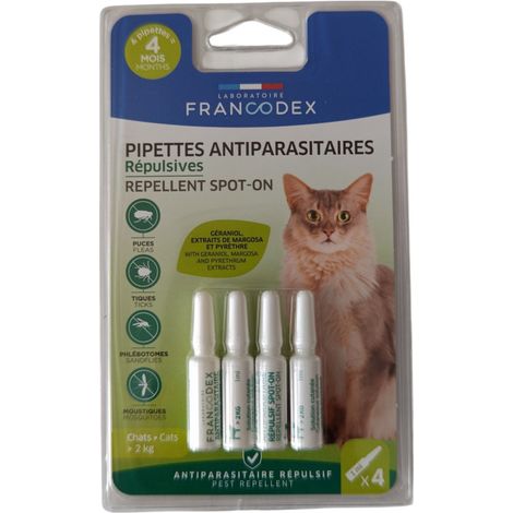 Pipettes insectifuges pour chats plus de 2 kg – Action contre puces, tiques et moustiques – Formule renforcée avec extraits naturels – Francodex