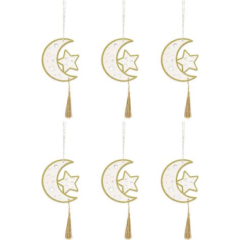 6er-Pack Ramadan-Anhänger mit Ziegenkopf, Sternen und Monden, Quasten, Holzdekoration zum Aufhängen, für Zuhause, Moschee und als Festtagsdekoration (1/5)
