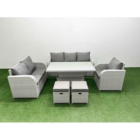 Fimous Patio PE Wicker 8 Seater Outdoor Rattan Furniture Sofa Sets with Adjustable Lifting Dining or Coffee Table Reclining Chair Loveseat Sofa 3 Seater Sofa Stool Light Grey (1/5)