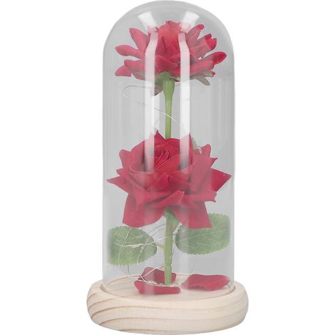 Composition florale artificielle pour la Saint-Valentin, en verre avec éclairage LED et socle en bois, ornée de 2 roses, pour votre amoureuse. (1/5)