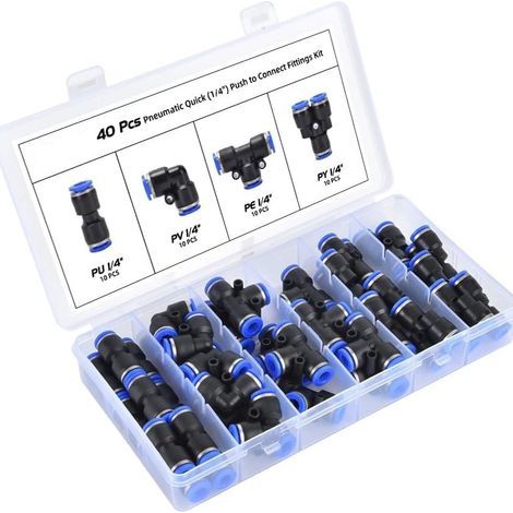 Kit de Raccords Pneumatiques à Enficher 6,35 mm – 40 Pièces avec Séparateurs, Coudes, Raccords Droits et à Dents (1/4)