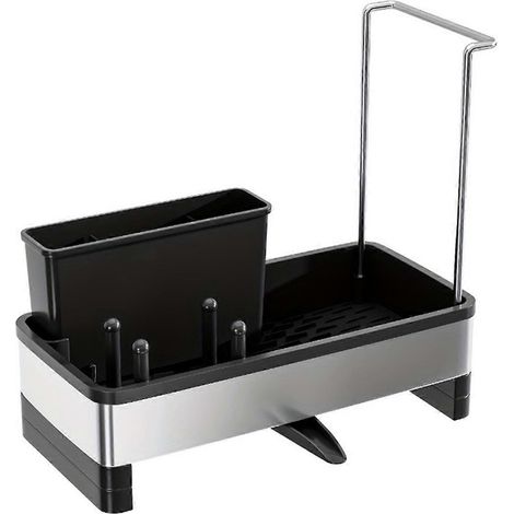 Schwammhalter aus Edelstahl mit Abtropffläche – Multifunktionale Aufbewahrungsbox für Reinigungsmittel, Handtücher und Bürsten (schwarz) (1/5)